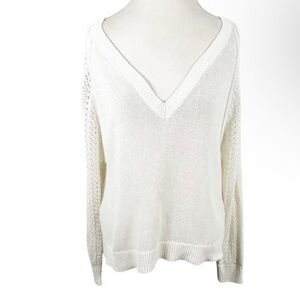 Brochu Walker Ami Pointelle Cream V-Neck Crochet Back Sweater XS